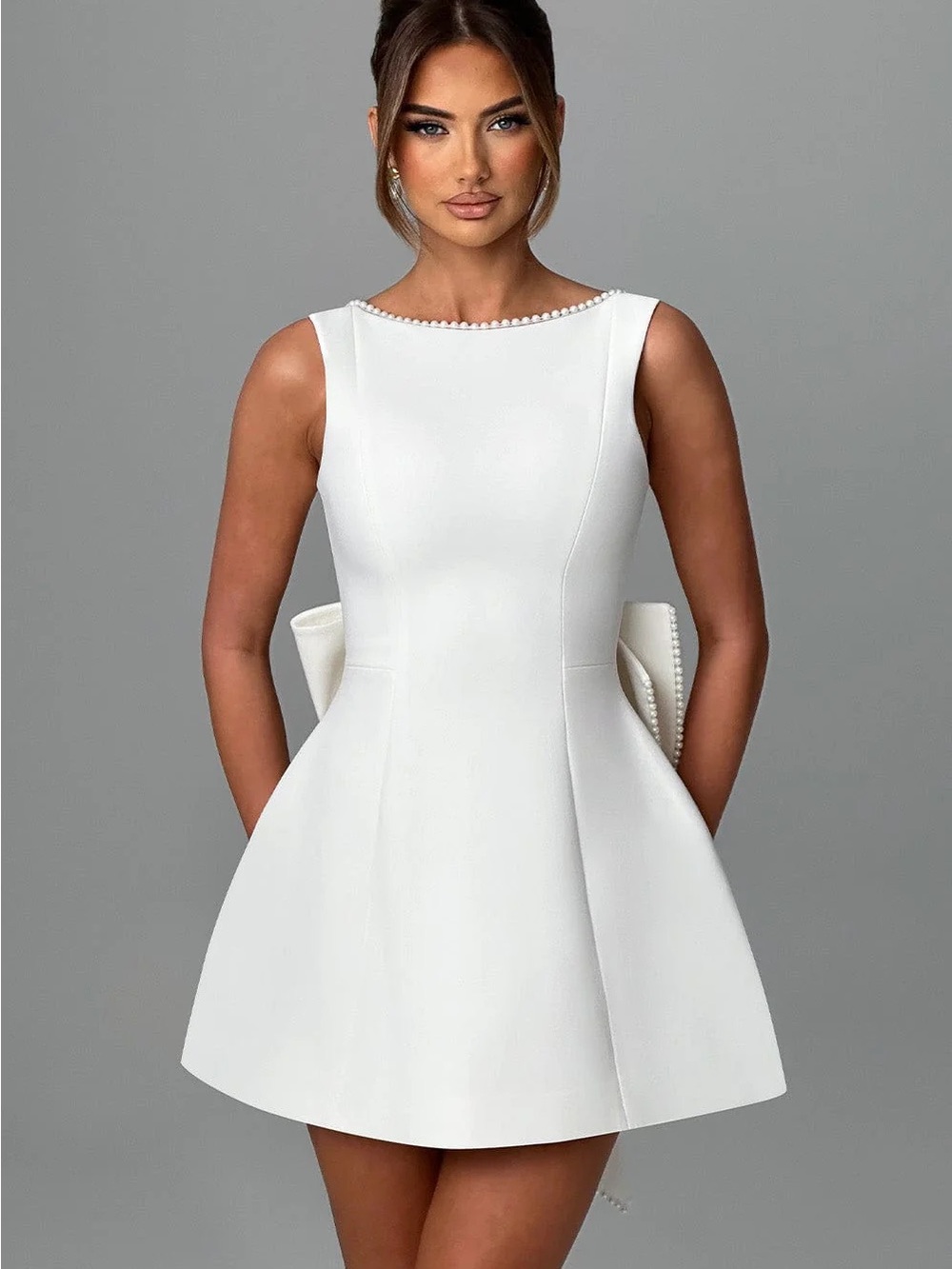 Backless White Mini Dress with Pearl-Trim Bow - Picture 2 of 3